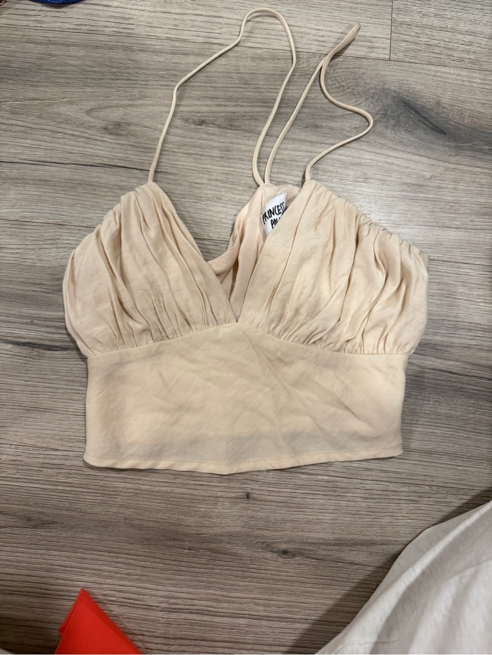 Princess Polly Cream Ruched V-Neck Spaghetti Strap Crop Top